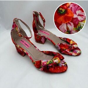 Betsey Johnson Floral Block Heel Ankle Strap Shoes Red Multi Womens Sz 6